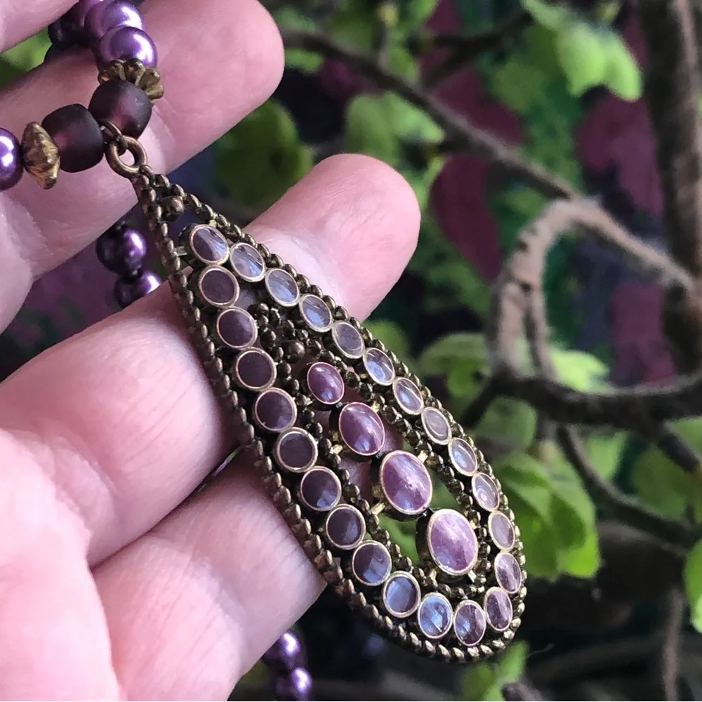 Handcrafted repurpose purple enamel raindrop pendant Czech glass Pearl necklace